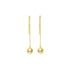 AAA+ Round Golden Japanese Akoya Pearl Long Threader Earrings
