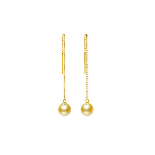 AAA+ Round Golden Japanese Akoya Pearl Long Threader Earrings