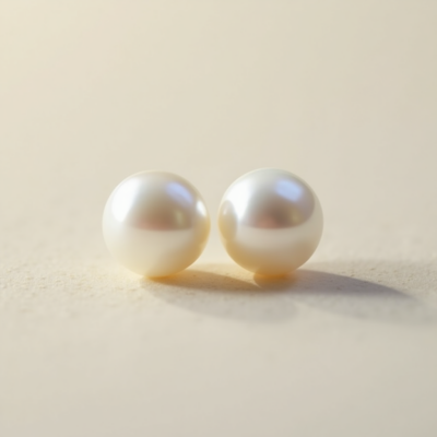 The image displays a pair of elegant, round pearl stud earrings with magnificent luster against a soft neutral background, showcasing the timeless beauty that has captivated jewelry lovers for generations.